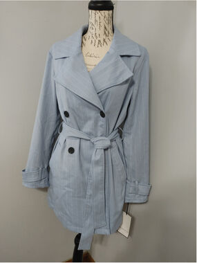 Women's Bagatelle Trench Coat Size M Blue White Striped Belted Jacket